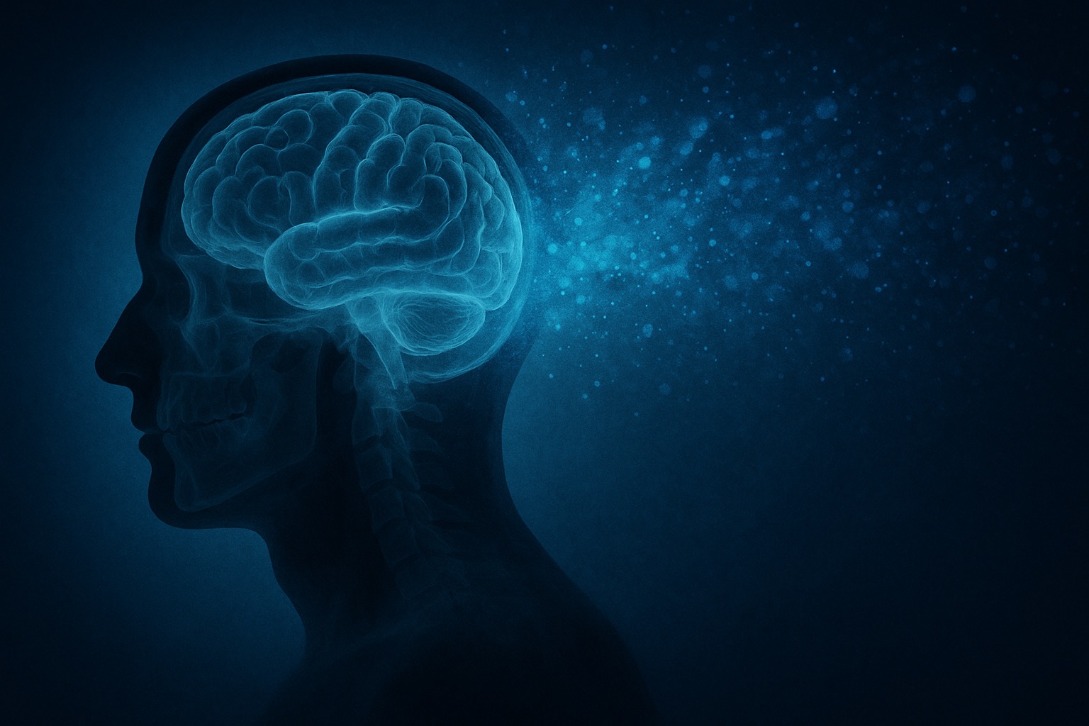 Illustrazione concettuale in stile digitale raffigurante la sagoma laterale di una testa umana vista di profilo, con il cranio parzialmente trasparente che mostra il cervello. Dal lato posteriore della testa, una scia eterea di particelle luminose e frammenti si dissolve e si disperde nell’aria verso destra, simboleggiando la perdita di memoria e il decadimento cognitivo tipici della malattia di Alzheimer. Il profilo della testa e la struttura cerebrale sono ben definiti, mentre le particelle rappresentano la progressione della neurodegenerazione.
