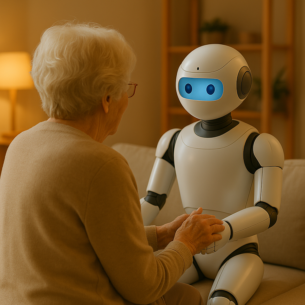 Intelligenza artificiale assistenza anziani: anziana seduta di spalle che interagisce con robot assistente domestico in ambiente moderno e luminoso, tecnologia per elder care e autonomia senior.